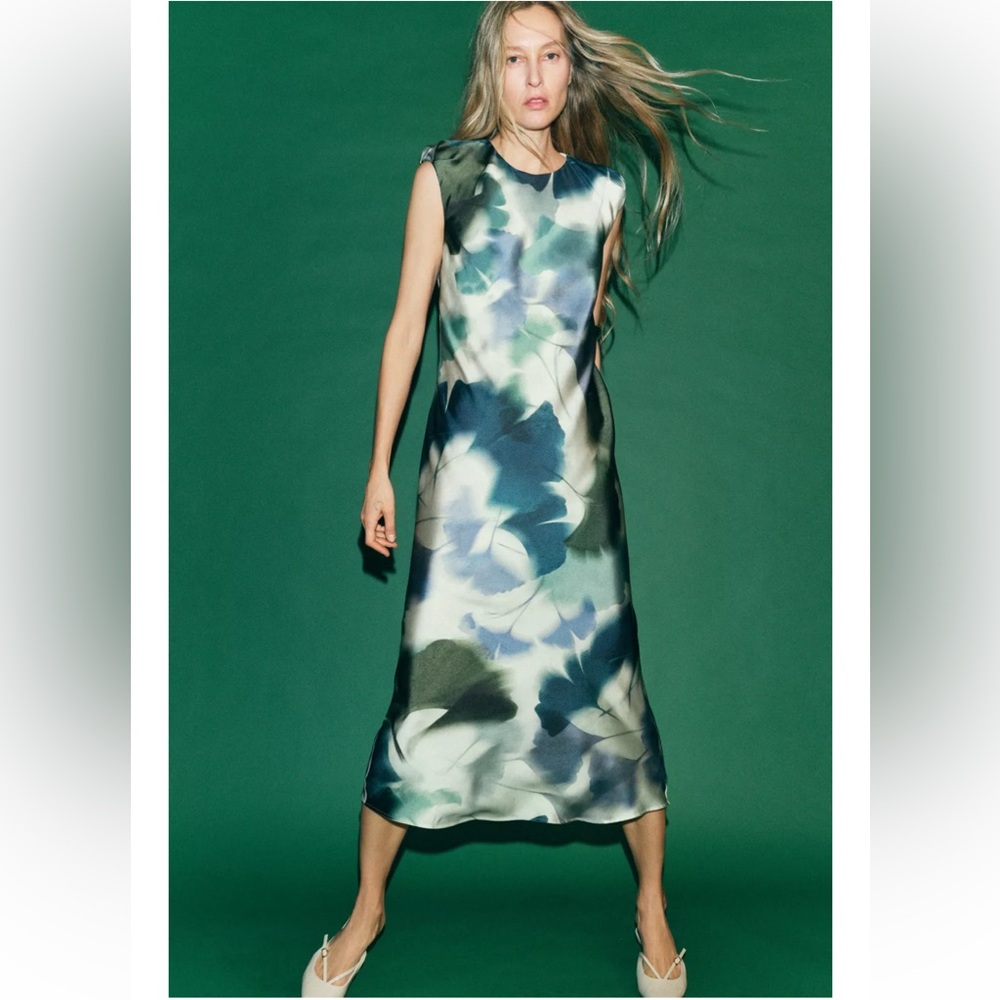 Zara Printed Satin Effects Midi Dress Green/Blue/Cream Small
